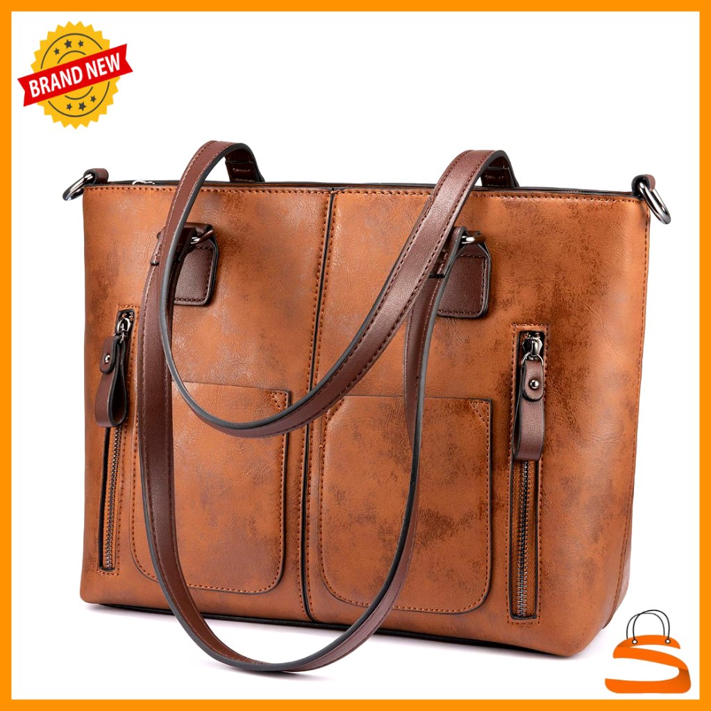 Large Leather Tote Bag With 9 Pockets, Adjustable Strap, Work Satchel